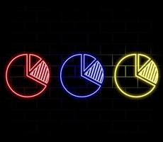 3d rendering wireframe digital techno neon glowing symbol of pie chart with slice with shining dots on black background with blured reflection on floor vector