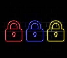 Neon closed lock icon. Glowing neon lock sign, outline padlock silhouette in vivid colors. Personal data protection, cyber security, reliable storage of information. icon set, sign, pictogram vector