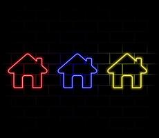 Set of bright neon house icons of different colors. Glowing linear home signs. vector