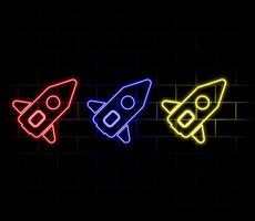 Neon light glow effect. Startup rocket line icon. Launch Project sign. Innovation symbol. 3d line neon glow icon. Brick wall banner. Startup rocket outline. vector