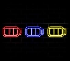Outline neon charging battery icon. Glowing neon battery with lightning sign and charging circle, wireless electric charger. Inductive dock station for charging devices. icon set vector
