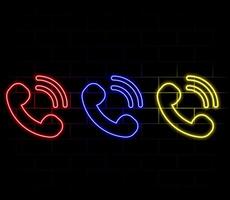 Outline neon ringing handset icon. Glowing neon phone sign, telephone pictogram in vivid colors. Call center, contact phone number, emergency call, hotline and support. icon set, symbol for UI vector
