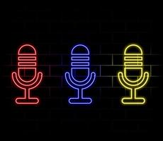 Neon Microphone sign. Glowing microphone icon for podcast, stand up or music show emblem. Retro mic in neon style. illustration. vector