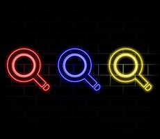 Neon magnifying glass icon. Glowing neon search sign, outline loupe pictogram in vivid colors. Online search, data analysis, find information and exploration. icon set, sign, symbol for UI vector