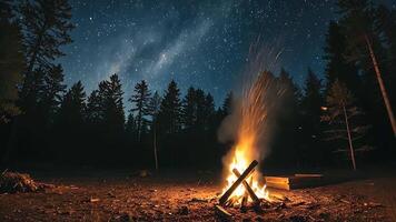 Campfire Under the Milky Way, Embark on a journey into the wilderness with this captivating image of a campfire illuminating the night sky and surrounding forest. video