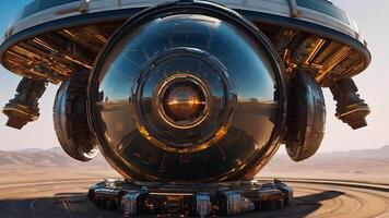 A gleaming, golden machine equipped with advanced AI technology stands sentinel in a desolate desert, its watchful eye scanning the horizon for signs of life or change. video