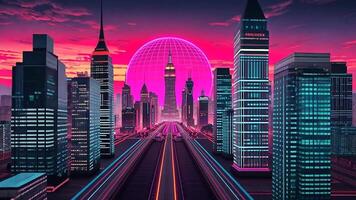 A city of the future where sleek architecture and cutting-edge technology illuminate the urban landscape, casting a vibrant pink glow across the skyline. video