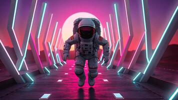 An astronaut explores a neon-lit architectural marvel, hinting at the wonders of future technology and space exploration. video