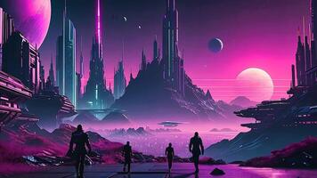 Futuristic Cityscape on an Alien Planet, Explorers gaze upon a sprawling cityscape on a distant world, showcasing advanced architecture and technology under a vibrant alien sky. video