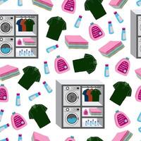 Seamless Pattern with Laundry Tools Elements. Washing machine, washing powder, stack of clothes. Flat illustration. Shelves vector