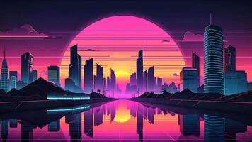 synthwave ville horizon avec néon reflets, expérience le nostalgique ambiance de cette Années 80 inspiré paysage urbain, avec une éclairé au néon horizon en miroir dans une tranquille rivière à crépuscule video