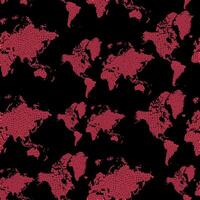 Seamless pink world map pattern. Map is made of pink flowers. Isolated on black background. vector