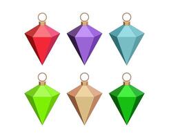 Christmas balls set or collection. Six balls. Triangle abstract shape. Realistic decorations. Red, violet, blue and green and beige colors. Isolated on white background. vector