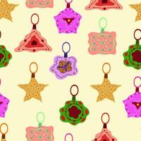 Christmas seamless pattern with colorful balls, illustration on light yellow background for your wallpaper, textile or wrapping paper. vector