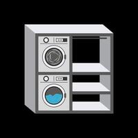 Laundry room. Washing and drying machine. Isolated on black background. Shelves for clothes and detergents vector