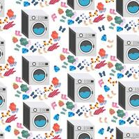 Seamless pattern with washing machine, laundry. Clothes around washing machine. White background. vector