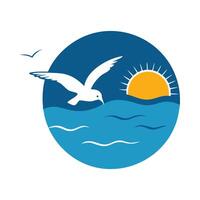 Seagull flying over the ocean with sun in the background vector