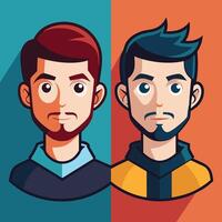 Two men with different facial expressions on a colorful background vector