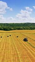 Beautiful scenery of the field near green forest in summer. Agricultural tractor on the field at seasonal works. Camera moves left. Drone view. Vertical video