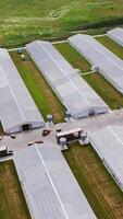 Aerial view on contemporary farm complex. Flight over agricultural territory with modern structure for livestock. Slow motion. Vertical video