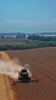 Modern harvester picking crops of wheat. Dust coming out from machine and flying aside. Beautiful landscape at backdrop. Vertical video