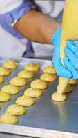 Confectioner squeezes choux pastry from a bag onto the baking sheet. Dough being prepared for baking in oven. Close up. Vertical video