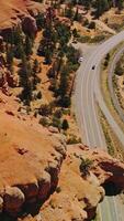 Flight over the orange smooth rounded rocks of Arches Canyons in Utah, USA. Roads and paths through the mountainous overgrown with pine trees. Top view. Vertical video