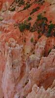 Amazing outlandish rocky columns of Bryce canyons at daytime. Green pine trees and moss growing on the tops of mountains. Aerial view. Vertical video
