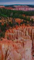 Breath-taking scenery of National Bryce Canyon Park in Utah, United States. Orange rocks and green pine trees from aerial view. Vertical video