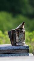 Old metal smoker with smoke coming from it stands on the hive. Instruments for apiculture. Green nature in blur at backdrop. Vertical video