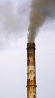 Old pipes with massive smoke in the sky. Dangerous emissions going up in the air. Pollution of the environment. Ecological problems. Vertical video