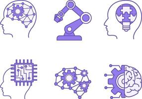 Colored Set of Artificial Intelligence Icons. Icons Artificial Intelligence, Robotic, Problem Solving, Cybernetics, Deep Learning, and Machine Learning vector