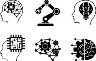 Black Set of Artificial Intelligence Icons. Icons Artificial Intelligence, Robotic, Problem Solving, Cybernetics, Deep Learning, and Machine Learning vector