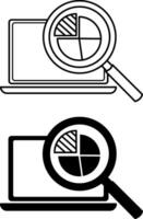 Data Analytics Icons. Black and White Icons of Laptop and Magnifying Glass with Diagram. Exploration, Filtering, and Data Modeling vector