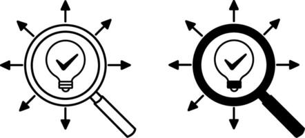 Research icons. Black and White Icons of Light Bulb in Magnifying Glass. Data Analytics Concept vector
