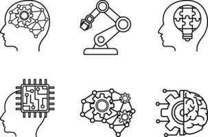 Artificial Intelligence Icons Set. Icons Artificial Intelligence, Robotic, Problem Solving, Cybernetics, Deep Learning, and Machine Learning vector