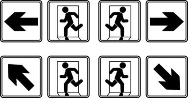 Emergency Exit Signs. Man Running to Door Left, Right, Up and Down. Warning Sign, Emergency Evacuation Symbol vector