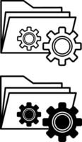 Data Management Icons. Black and White Icons. Folder with Files and Gears. Concept of Management and Data Analytics vector