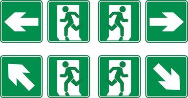 Green Emergency Exit Signs. Man Running to Door Left, Right, Up and Down. Warning Sign, Emergency Evacuation Symbol vector