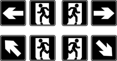 Black Emergency Exit Signs. Man Running to Door Left, Right, Up and Down. Warning Sign, Emergency Evacuation Symbol vector