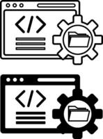 Software Icons. Black and White Icons. Computer File Folder, Gear, and Website with Code. Programming and Coding Concept vector