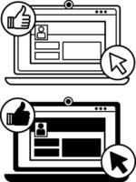 Social Media Icons. Black and White Icons. Maintaining Pages on Social Networks. Open Laptop. Internet, Blogging, Marketing, Content Sharing, Social Media Activity vector
