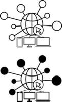 Web icons. Black and White Icons of Planet, Network, Computer Mouse Cursor, and Connected Gadgets. Programming and Coding Concept vector