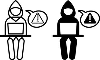 Hack icons. Black and White Icons of Hacker with Computer and Danger Sign. Dangerous Infection, Cyberattack. Computer Security and Programming Concept vector