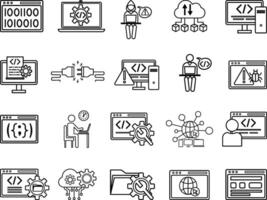 Set of Programming and Coding Icons. Icons of Testing, Program, Developer, Malware, Hack, Software, WEB, API, and Other vector