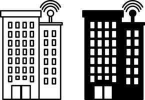 Network Building Icons. Black and White Icons. Tall Multi-Storey House with Internet Distributing Antenna. Smart House. Technology Concept vector
