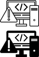 Icons Code Issue. Black and White Icons of Computer Code, Computer, and Danger Sign. Programming and Coding Concept vector