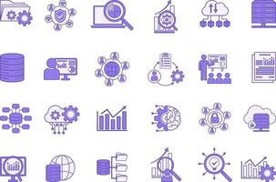 Colored Set of Data Analytics Icons. Icons of Monitoring, Network, Server, Database, Cybersecurity, Data Management, Hosting, API, and Other vector