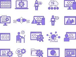 Colored Set of Programming and Coding Icons. Icons of Testing, Program, Developer, Malware, Hack, Software, WEB, API, and Other vector