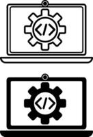 Programming Icons. Black and White Icons of Laptop, Code, and Gear. Technology and Software Development Concept vector